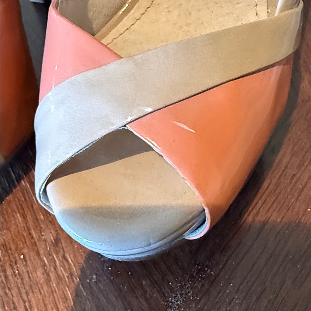 Aldo Beige and Coral Patent Peep-Toe Stilettos - Picture 4 of 7